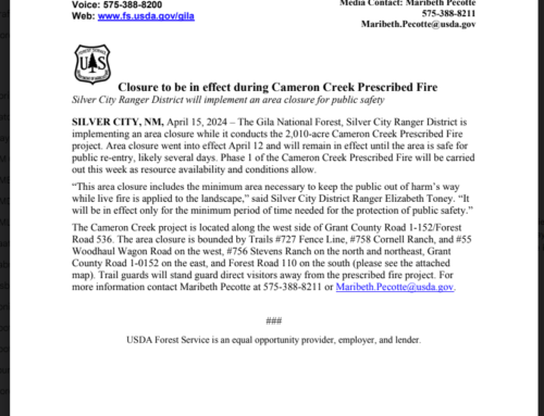 Gila National Forest area closure to be in effect during Cameron Creek Prescribed Fire