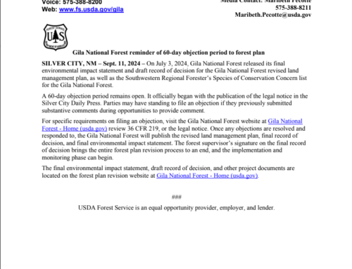 Gila National Forest reminder of 60-day objection period to forest plan